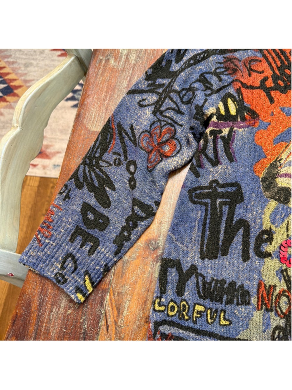 John Mark L Zebra Graffiti Graphic Knit Sweater Tunic Sequins Textured Artsy - Picture 3 of 11
